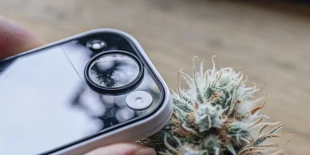 Smartphone Macro Lens Inspecting Cannabis Trichomes