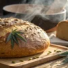Fresh sourdough bread with seeds and cannabis leaf on wooden board in rustic kitchen.