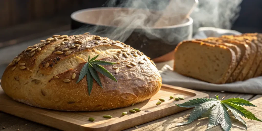 Fresh sourdough bread with seeds and cannabis leaf on wooden board in rustic kitchen.