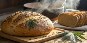 Fresh sourdough bread with seeds and cannabis leaf on wooden board in rustic kitchen.