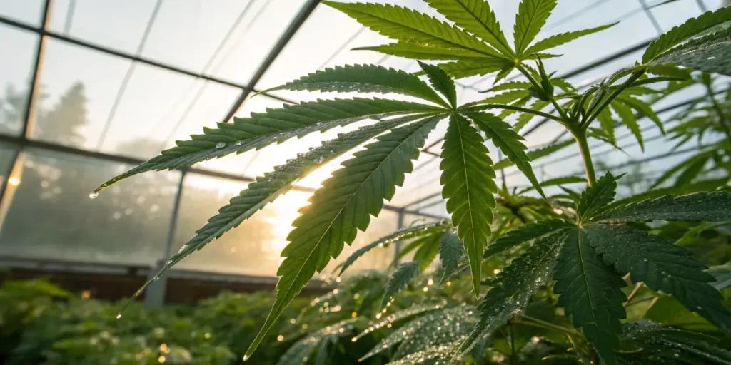 Cannabis plants with dew-covered leaves growing inside a bright greenhouse at sunrise.