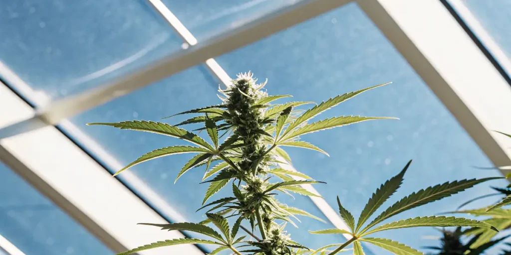 Tall cannabis cola growing under sunlight inside a modern greenhouse.