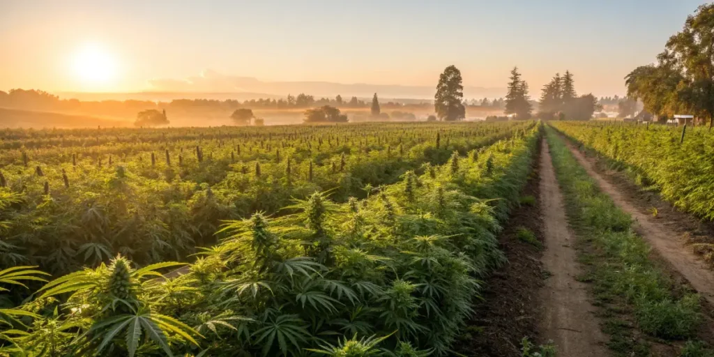Large outdoor cannabis farm at sunrise with rows of mature flowering plants.