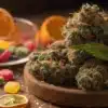 Premium cannabis strain with citrus slices and candy pieces arranged on a wooden table.