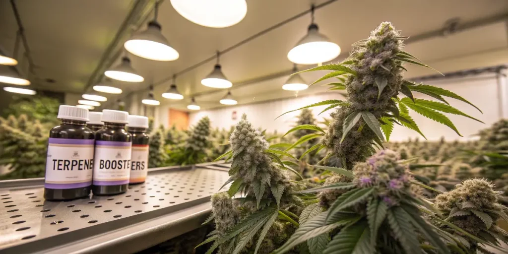 Flowering cannabis plants beside terpene booster bottles inside a professional indoor grow room.