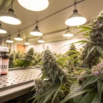 Flowering cannabis plants beside terpene booster bottles inside a professional indoor grow room.