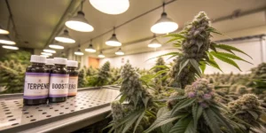 Flowering cannabis plants beside terpene booster bottles inside a professional indoor grow room.