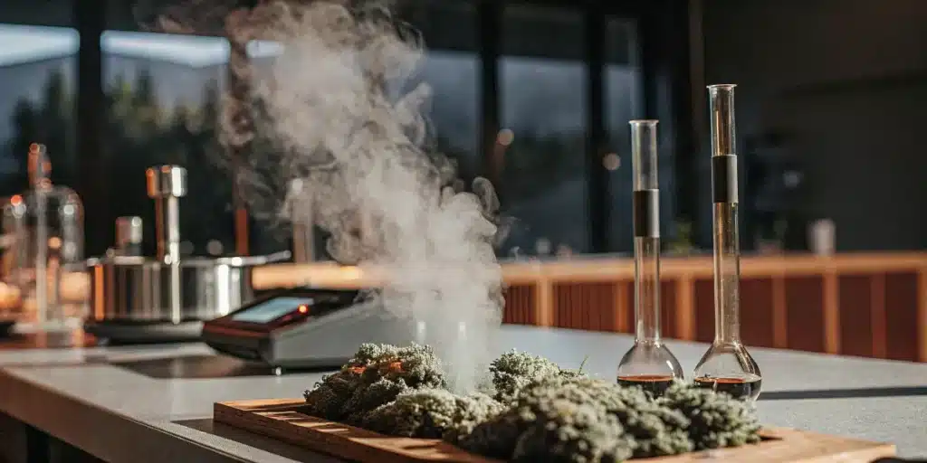 Cannabis buds with laboratory glassware and visible terpene vapor during scientific testing process.
