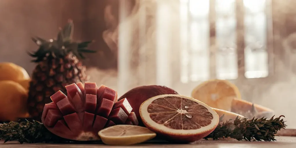 Tropical fruits and cannabis buds arranged together to represent citrus terpene-rich cannabis aromas.