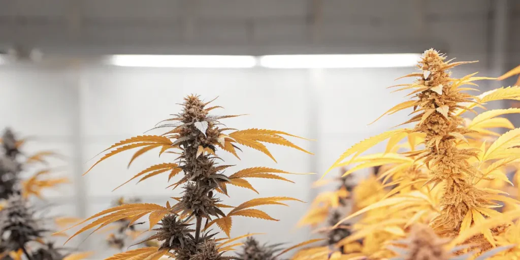 Cannabis plants with yellow leaves flowering inside a bright indoor cultivation room.