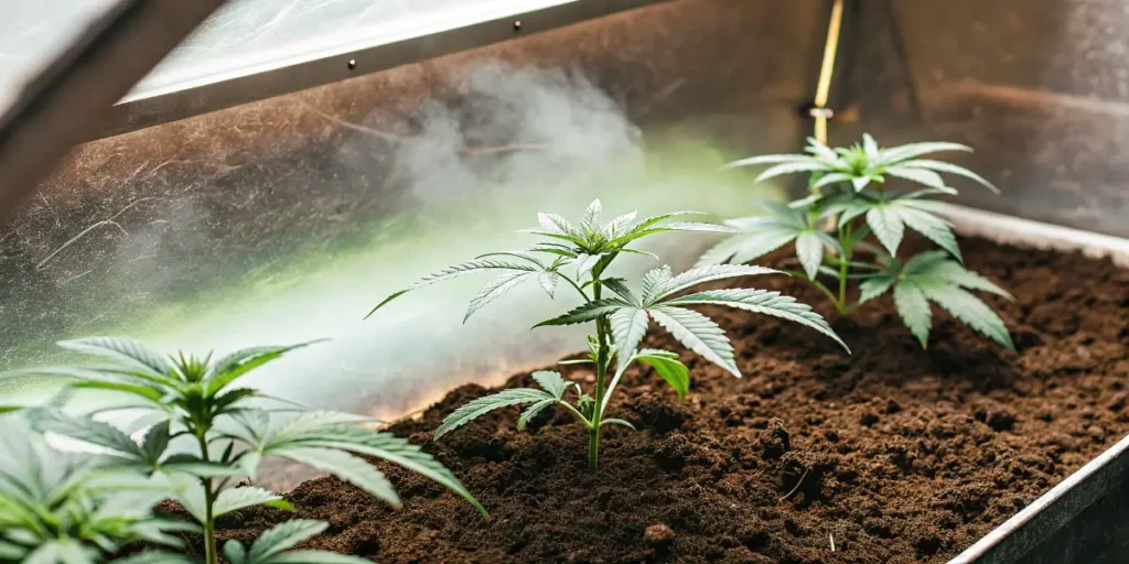 Young cannabis seedlings growing in rich soil inside an indoor cultivation bed with humidity and controlled lighting.