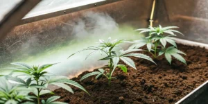 Young cannabis seedlings growing in rich soil inside an indoor cultivation bed with humidity and controlled lighting.