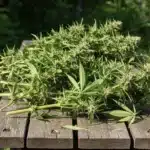 Snow White harvested cannabis branches outdoors.