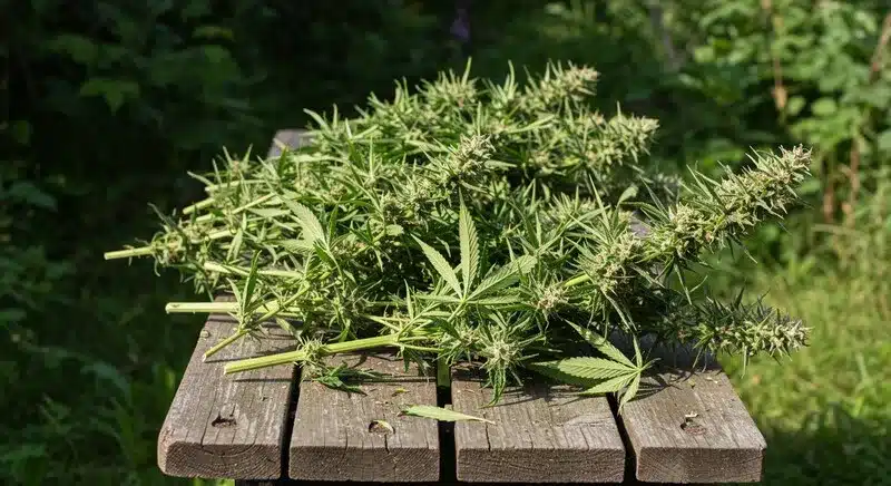 Snow White harvested cannabis branches outdoors.