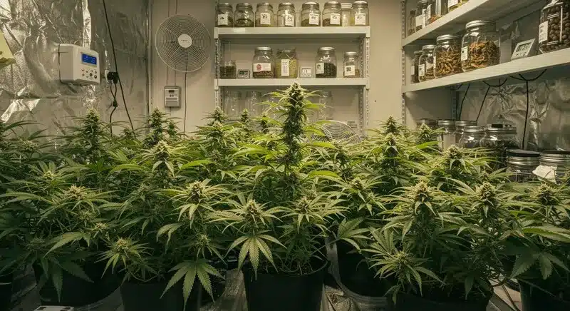 Skunk x Cinderella 99 Fast Version cannabis plants cultivated indoors, displaying uniform canopy, dense bud development, and controlled grow room conditions.