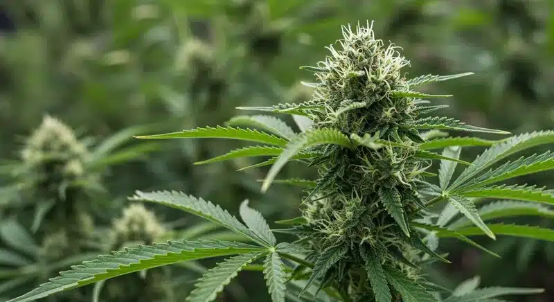 Skunk x Northern Lights cannabis plant showing a compact flower, healthy green leaves, and abundant white pistils during the mid flowering stage.