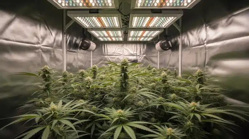 Skywalker x Girl Scout Cookies cannabis plants grown indoors under LED lights, uniform canopy, healthy foliage, and active flowering development.
