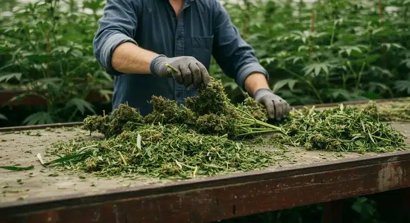 Snow White cannabis plants being trimmed by hand after harvest, fresh branches, leafy material, and a careful post-harvest processing stage.