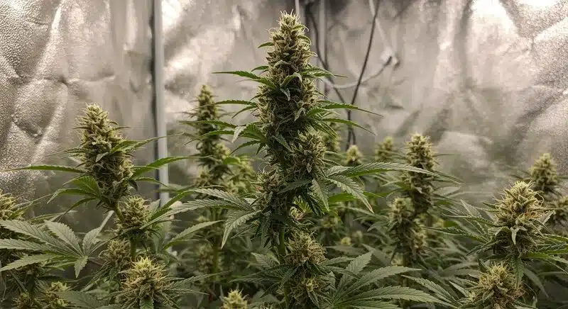 Somango Auto cannabis plants in an indoor grow room, dense central colas, visible pistils, and uniform flowering under controlled conditions