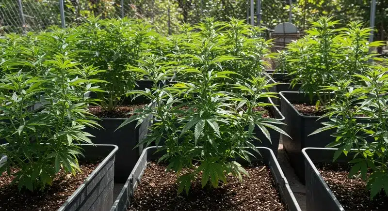 Somango Auto cannabis plants growing in outdoor pots.