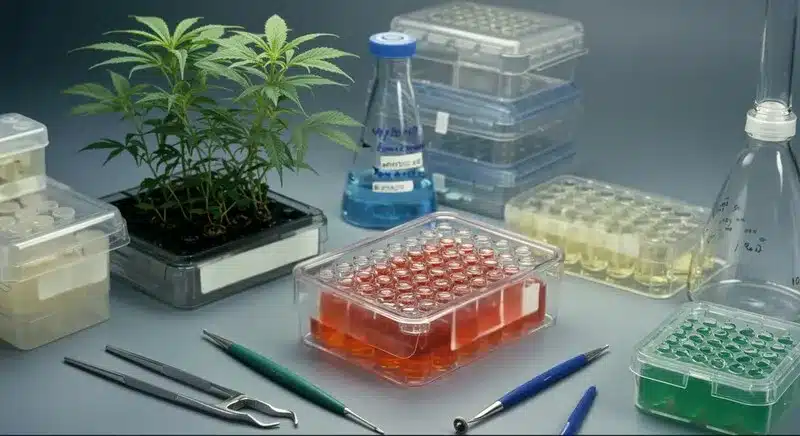 Somango Fast Version cannabis plants shown alongside tissue culture containers and laboratory tools, controlled propagation and plant development in a research environment.