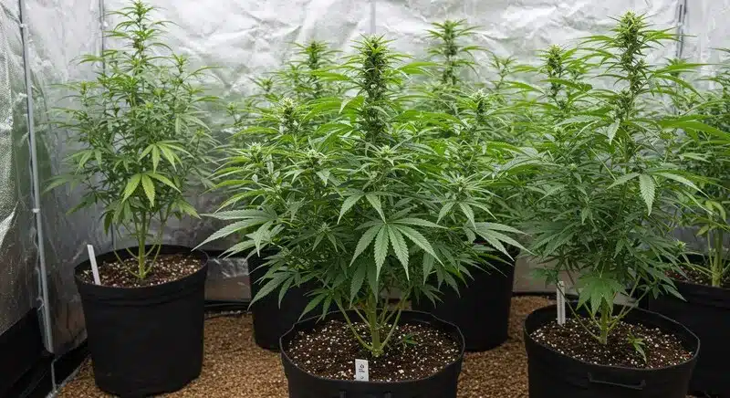 Somango Regular cannabis plants cultivated indoors in individual pots, balanced structure, vegetative growth, and uniform plant development.