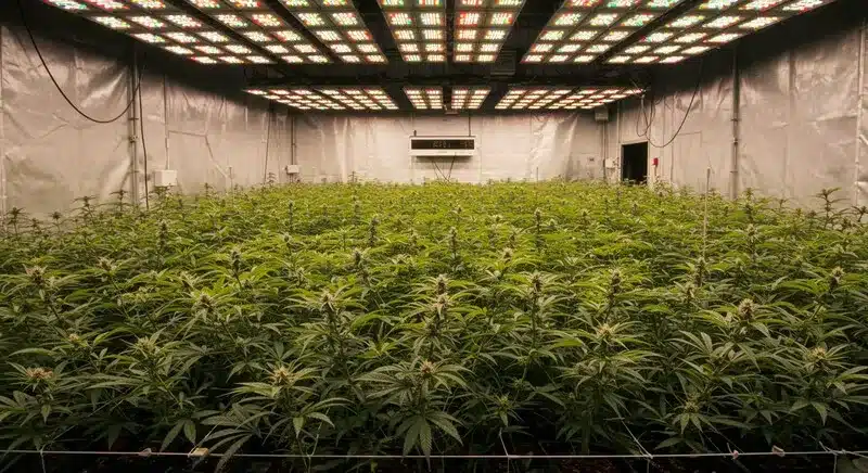 Professional indoor grow room filled with Sour Skies cannabis plants under LED lighting, uniform canopy and optimized conditions for high-yield cultivation.