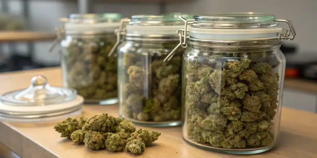 Airtight glass jars packed with cured cannabis buds during the cannabis curing and storage process.