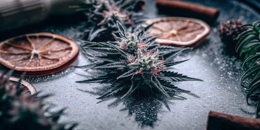 Aromatic cannabis terpene profile represented by frosty buds with dried citrus slices and botanical elements.
