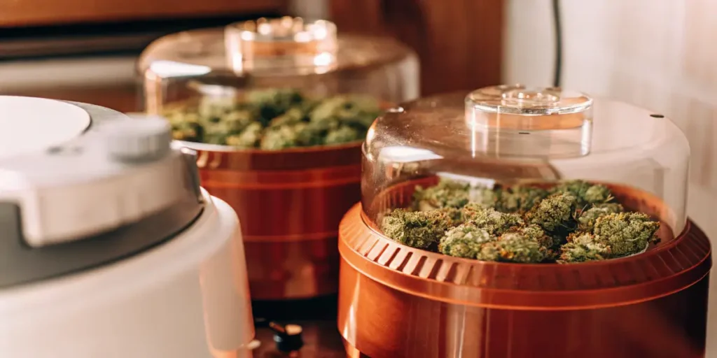 Cannabis buds curing inside automated curing containers designed for controlled post-harvest processing.