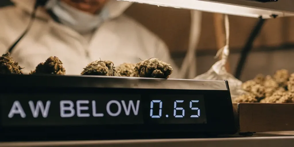 Cannabis flower quality control process displaying AW below 0.65 to ensure product safety and stability.