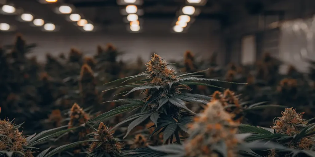 Flowering cannabis plants with aromatic buds growing indoors under professional cultivation lighting.