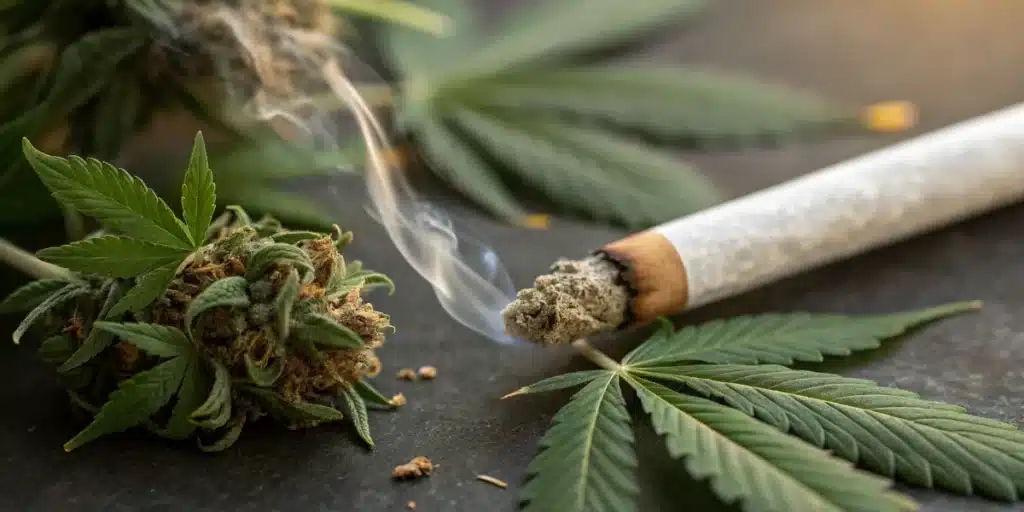 Burning cannabis pre-roll and bud with smoke rising beside fresh cannabis leaves.