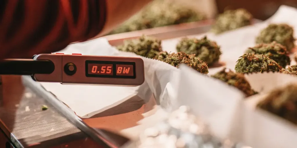 Handheld water activity meter measuring cannabis flower moisture levels during the curing process.
