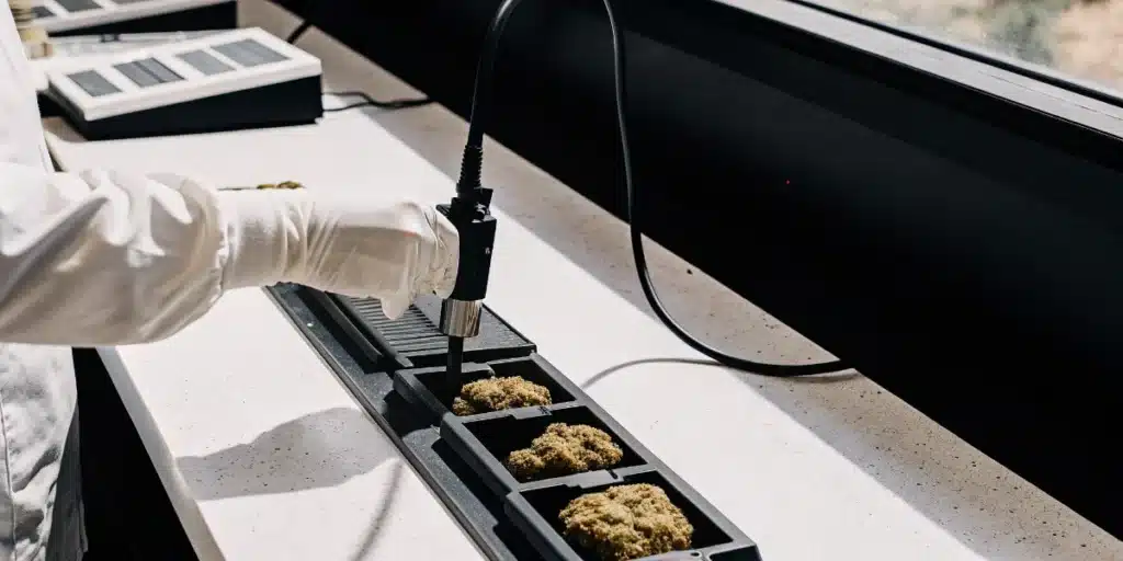 Cannabis AW probe analysis measuring flower samples for moisture and quality control evaluation.