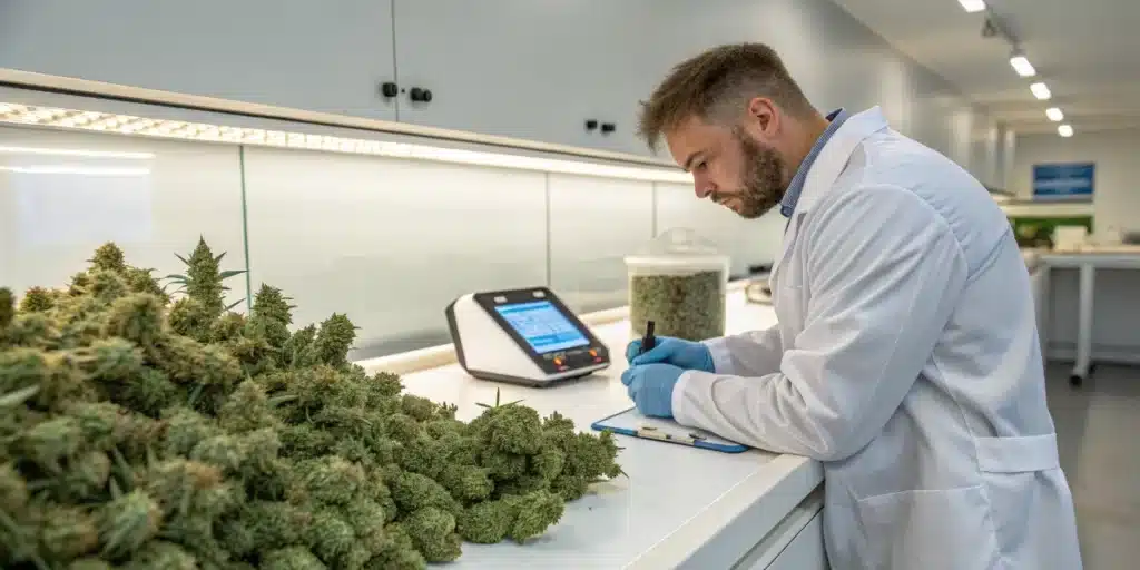 Cannabis batch quality documentation with a technician recording inspection data beside harvested flower samples.