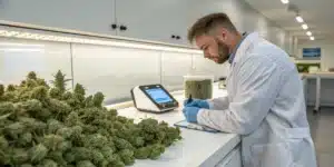 Cannabis batch quality documentation with a technician recording inspection data beside harvested flower samples.