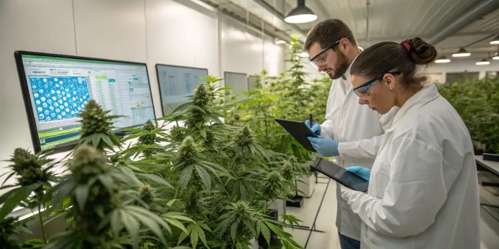 Researchers using digital tools to analyze cannabis breeding and phenotype data in an indoor cultivation facility.
