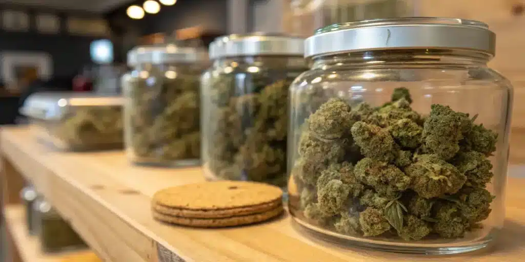 Large glass jars filled with cannabis buds lined up on a shelf during the curing and storage stage.