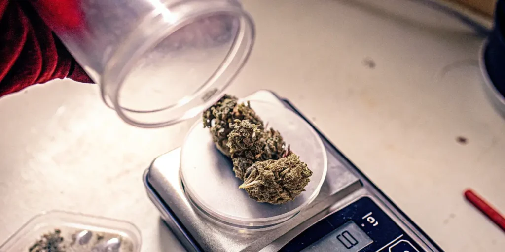 Cannabis flower samples being weighed on a precision digital scale for laboratory analysis and quality control.