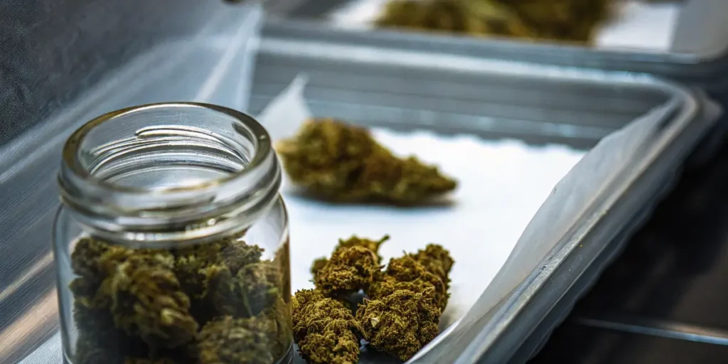 Cannabis buds on drying trays next to a glass jar during post-harvest drying and curing preparation.