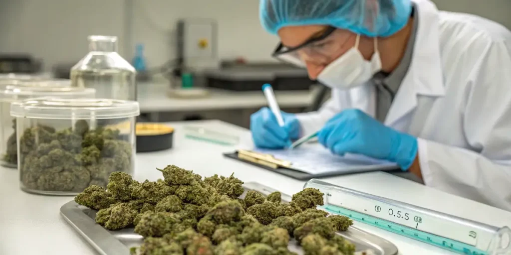 Scientist analyzing cannabis buds and recording measurements during compliance testing in a laboratory.