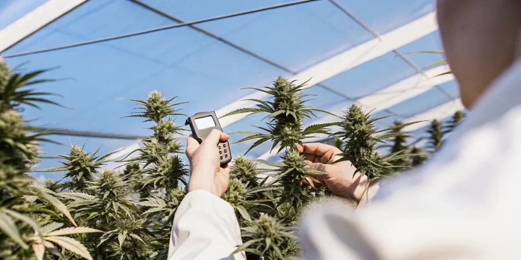 Technician inspecting flowering cannabis plants with a handheld testing device inside a greenhouse cultivation facility.