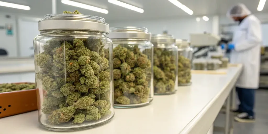 Glass jars containing cured cannabis buds in a professional laboratory storage environment.