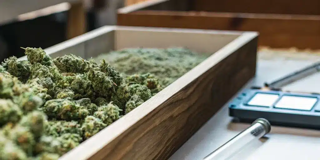 Premium cannabis buds in a curing container with moisture monitoring equipment used for quality control.