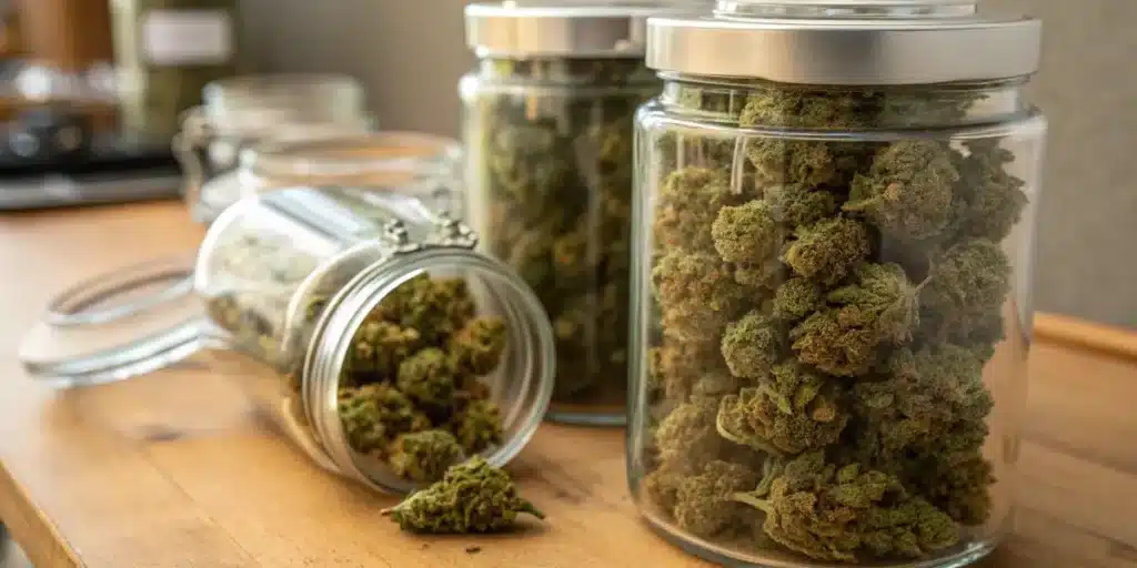 Cannabis buds stored in glass curing jars on a wooden table during the post-harvest storage process.