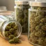 Cannabis buds stored in glass curing jars on a wooden table during the post-harvest storage process.