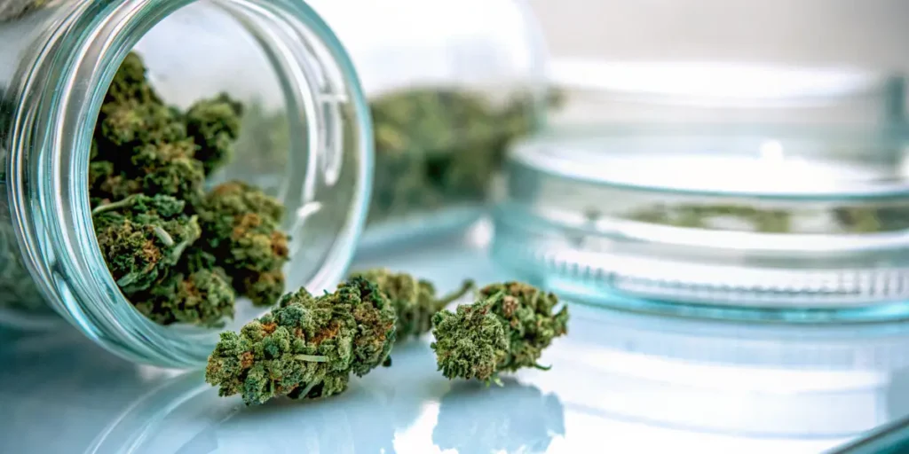 Cannabis buds stored in glass jars during the curing process for moisture and terpene preservation.