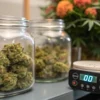 Glass jars filled with cured cannabis buds next to a digital humidity monitor used for storage control.