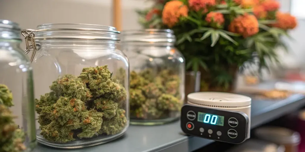 Glass jars filled with cured cannabis buds next to a digital humidity monitor used for storage control.